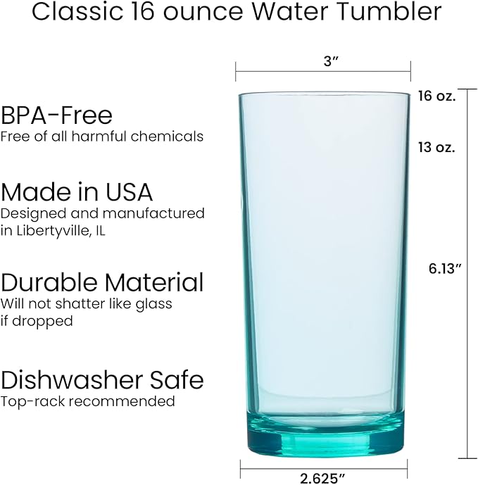 US Acrylic Classic Plastic Reusable Drinking Glasses (Set of 6) 16oz Water Cups Assorted Colors | BPA-Free Tumblers, Made in USA | Top-Rack Dishwasher Safe - Bloomnest