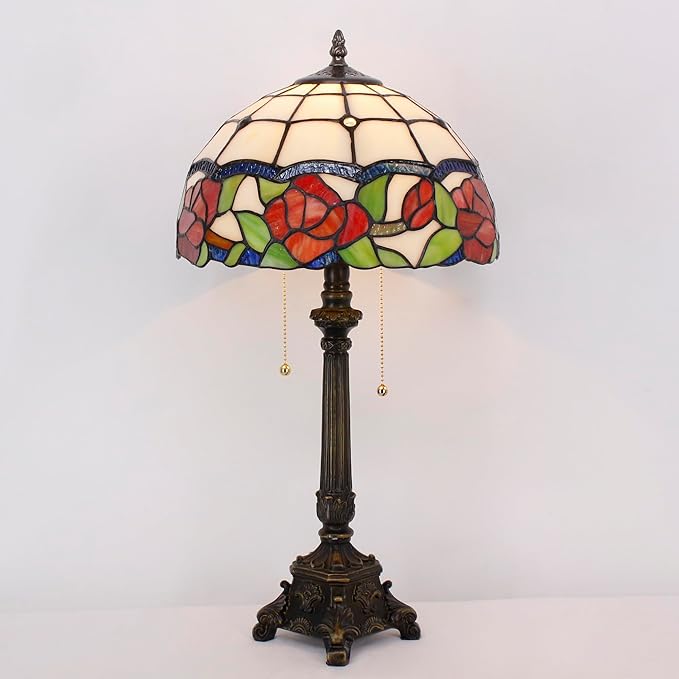 Tiffany Lamp Rose Flower Style Stained Glass Table Lamp Desk Reading Light 12X12X21 Inches with Resin Base Decor Bedroom Living Room - Bloomnest