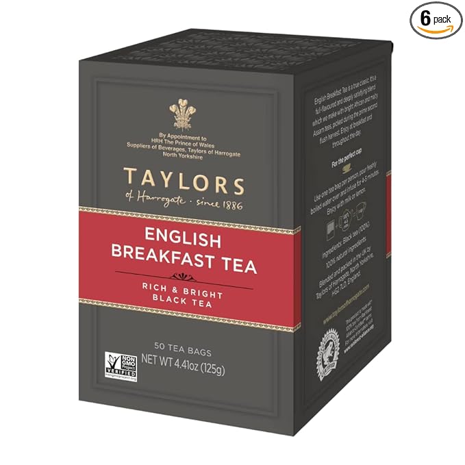 Taylors of Harrogate English Breakfast, Black Tea, Pillow Tea Bags, 50 Count (Pack of 6), Rich, Bright & Malty, Caffeinated, Enjoy Hot or Iced, 300 Teabags Total - Bloomnest