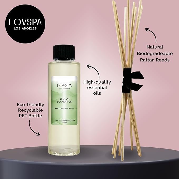 LOVSPA Revive Eucalyptus Diffuser Oil - Luxury Essential Oils for Diffuser Refill & Air Freshener Room Spray - Long-Lasting & Natural Home Fragrance, Scented Oil for Diffusers, USA Made, 4oz - Bloomnest