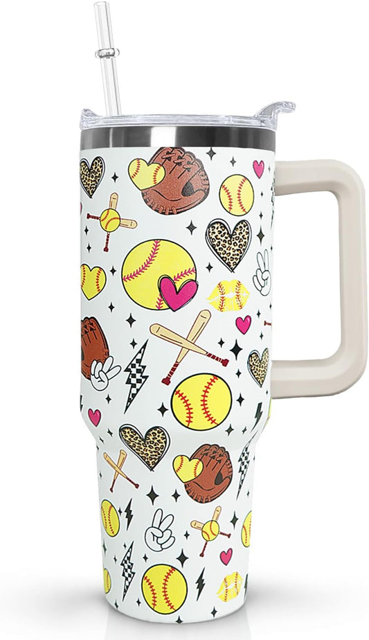Ceovfoi 40 Oz Softball Tumbler With Handle,Softball Coffee Travel Mug Cup Water Bottle,Softball Decor,Softball Gifts for Women