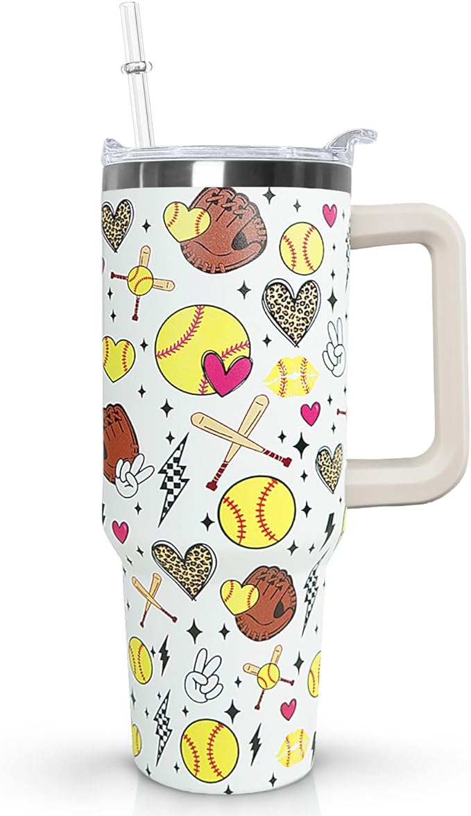 Ceovfoi 40 Oz Softball Tumbler With Handle,Softball Coffee Travel Mug Cup Water Bottle,Softball Decor,Softball Gifts for Women - Bloomnest