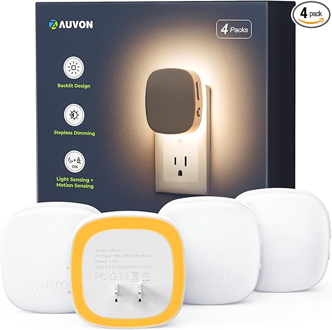 AUVON Plug-in LED Backlit Night Light with Motion Sensor & Dusk to Dawn Sensor, Dimmable Amber Nightlight with 1-50 lm Adjustable Brightness for Bedroom, Bathroom, Stairs, Hallway (4 Pack) - Bloomnest