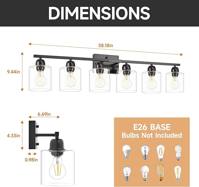 Modern 6 Light Bathroom Light Fixtures,38 inch Vanity Lights for Bathroom with Clear Glass, Black Vanity Light for Mirror Kitchen Living Room Hallway Cabinet Porch - Bloomnest