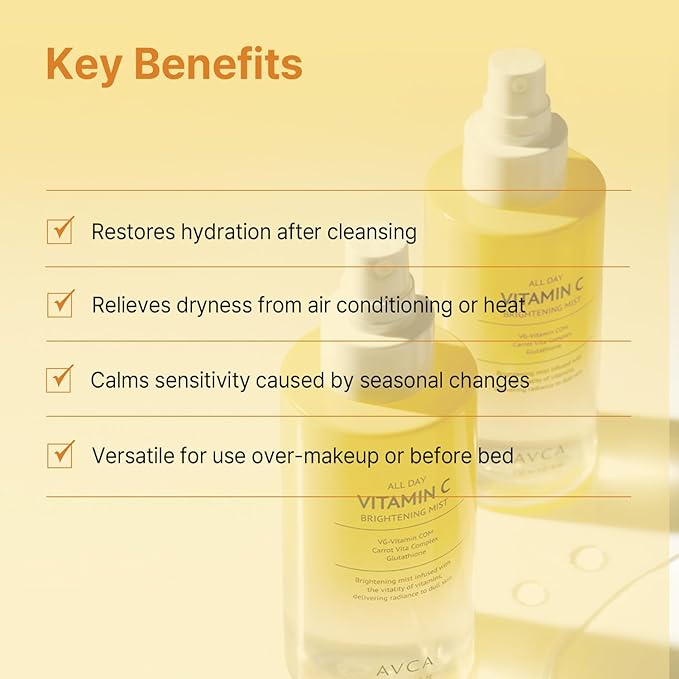 AVCA All Day Vitamin C Brightening Face Mist – Hydrating & Revitalizing Facial Spray with Glutathione & Vitamin Complex, Korean Skincare for Radiant Soothing Glow, 5.07 fl oz - Bloomnest