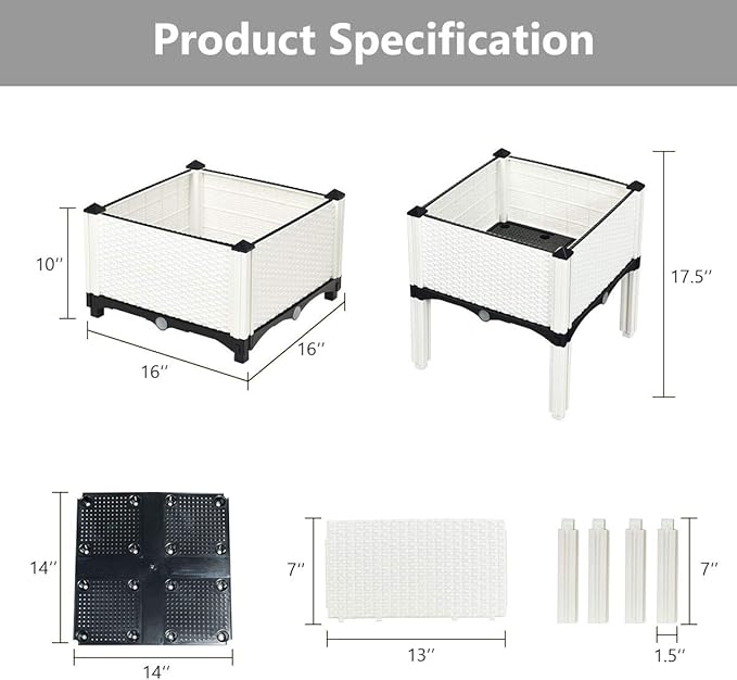 S AFSTAR Raised Garden Bed Kit Set of 4, Elevated Planter Boxes with Self-Watering Design & Removable Legs, Outdoor Plastic Planter Box for Patio Yard Balcony Gardening, Rattan Pattern (White) - Bloomnest