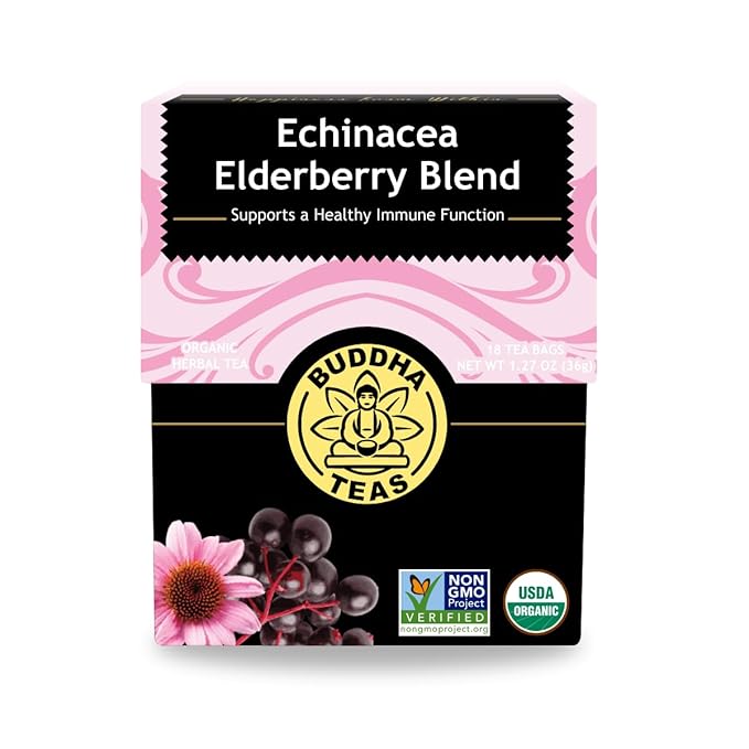 Buddha Teas - Organic Echinacea Elderberry Blend - Herbal Tea - For Health & Wellbeing - With Antioxidants & Minerals - Clean Ingredients - No Caffeine - OU Kosher & Non-GMO - 18 Tea Bags (Pack of 1) - Bloomnest