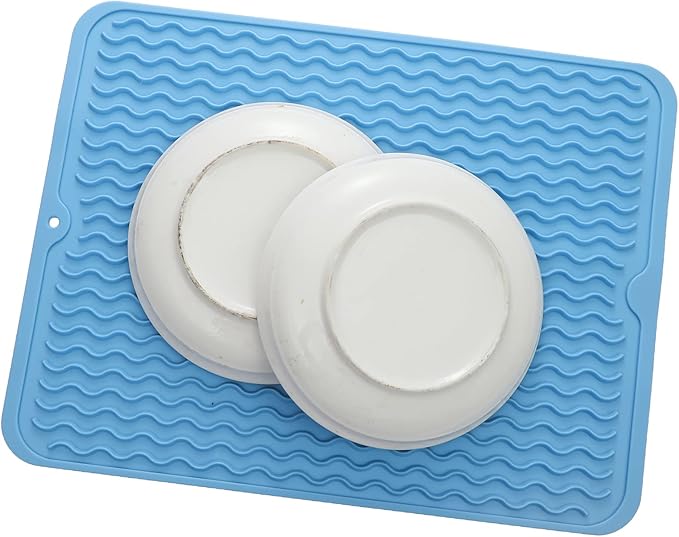 Silicone Dish Drying Mat for Multiple Usage,Easy clean,Eco-friendly,Heat-resistant Silicone Mat for Kitchen Counter or Sink,Refrigerator or drawer liner Light Blue L 16 inches x 12 inches - Bloomnest