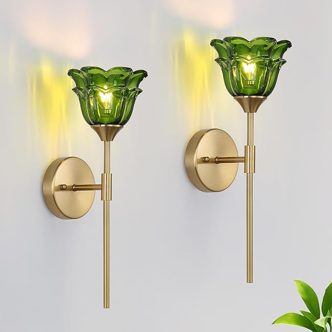 2 Pack Gold Wall Sconce with Green Glass Shades, Modern Mid Century Bathroom Vanity Wall Light Fixtures, Industrial Brushed Brass Wall Lamp, for Bedroom Mirror Living Room, ETL Listed - Bloomnest