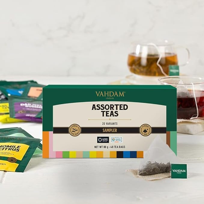 VAHDAM, Assorted Tea Sampler (20 Delicious Variety, 40 Individually Wrapped Pyramid Teabags) Long Leaf Premium Teas I Tea Gift Set I Gift Ideas for Lovers | Gifts for Him/Her - Bloomnest