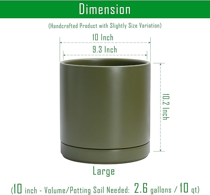 D'vine Dev Set of 2 Plants Pots, 10 Inch Ceramic Planter Pot for Plants with Drainage Hole and Saucer, Olive, 94-V-E-J - Bloomnest