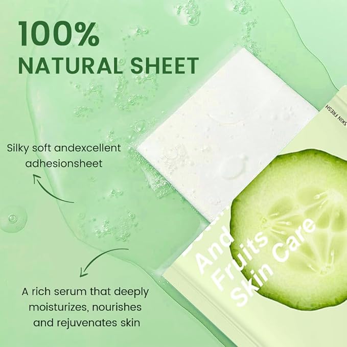8 Pack Cucumber Face Sheet Mask Skincare,Hydrating Face Mask For Sensitive Skin,Moisturize,Soothing,Nourish for All Skin Types,Natural Spa Party Facial Mask Skincare Set for Women Men - Bloomnest