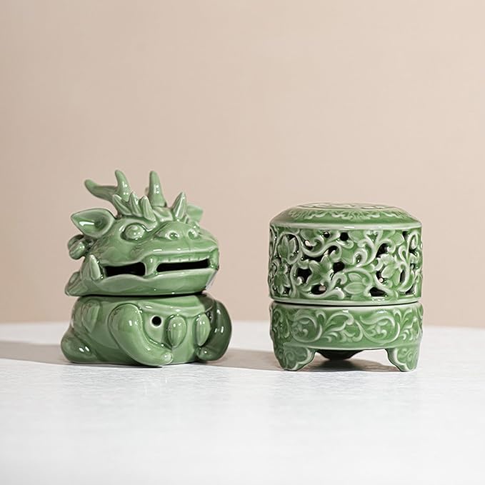 Mini Ceramic Incense Burner - Chinese Classic Plum Green Celadon Glaze, Fragrance Cone & Stick Holder Palo Santo/Sage/Herb Burner for Meditation, Yoga, Desk Decor, Zen Relaxation Gift (Dragon-A) - Bloomnest