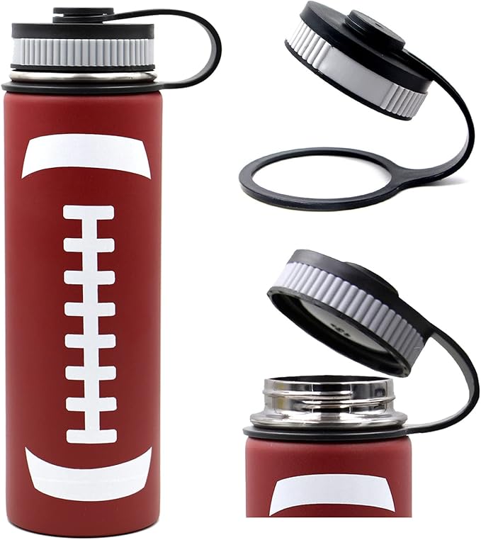 22 oz Football Water Bottle with Straw, Sports Flask Metal Travel Tumbler with 2 Lids, Stainless Steel Double Wall Vacuum Insulated Leak Proof Thermo Water Bottles, Football Gear Gifts for Boys Girls - Bloomnest