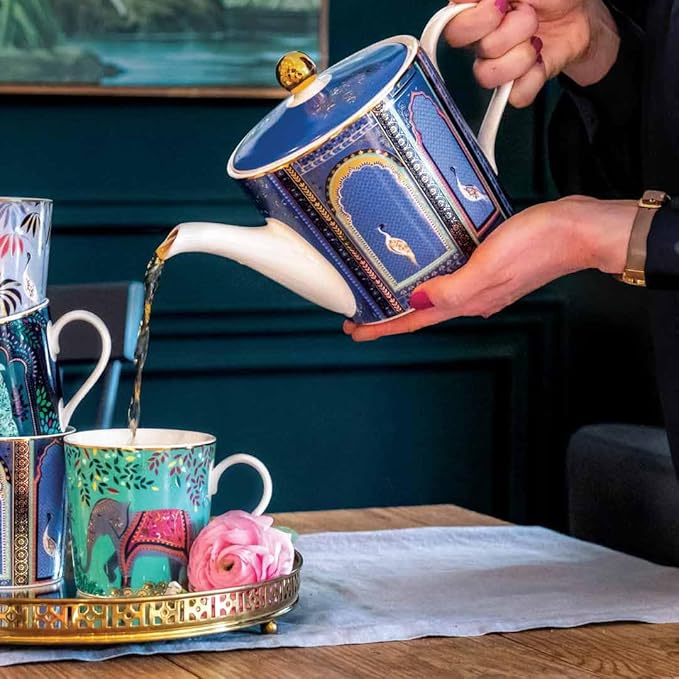 Sara Miller London India Lattice Windows Teapot - Fine China Indigo Teaware with Cranes & Gold Detailing - 37 oz Elegant Teapot for Afternoon Tea & Gifting Set, Service for 2 - Great for Brunch - Bloomnest
