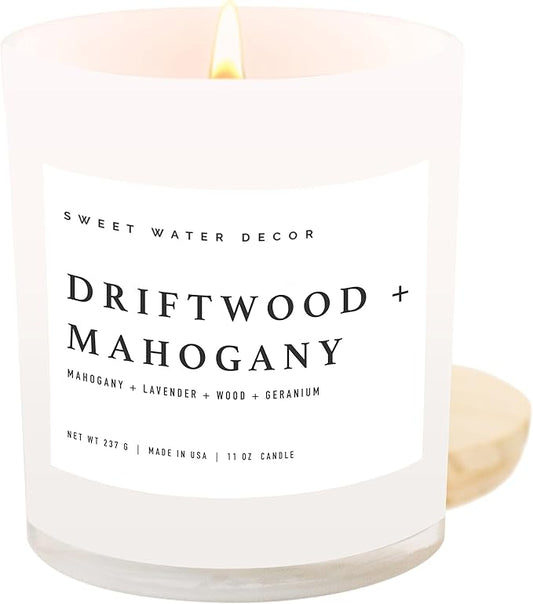 Sweet Water Decor Driftwood and Mahogany Candle - Mahogany, Lavender, Wood, and Geramium Scented Candle for Home - 11oz Jar Candle with Wood Lid, 50+ Hour Burn Time, Made in The USA - Bloomnest