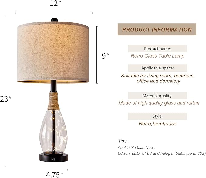 OYEARS 23" Farmhouse Table Lamps for Living Room,Boho Rattan Bedside Lamps with USB-C & USB-A Ports, Glass Nightlight, Dual Light Sources, Black - Bloomnest