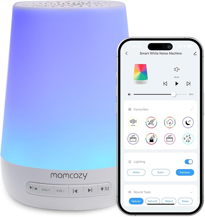 Baby Sound Machine, Momcozy White Noise Machine for Baby Sleeping with Night Light, Toddler Sleep Trainer with 34 Soothing Sounds, Timer, App Remote Control, Personal Sleep Routine (Blue) - Bloomnest