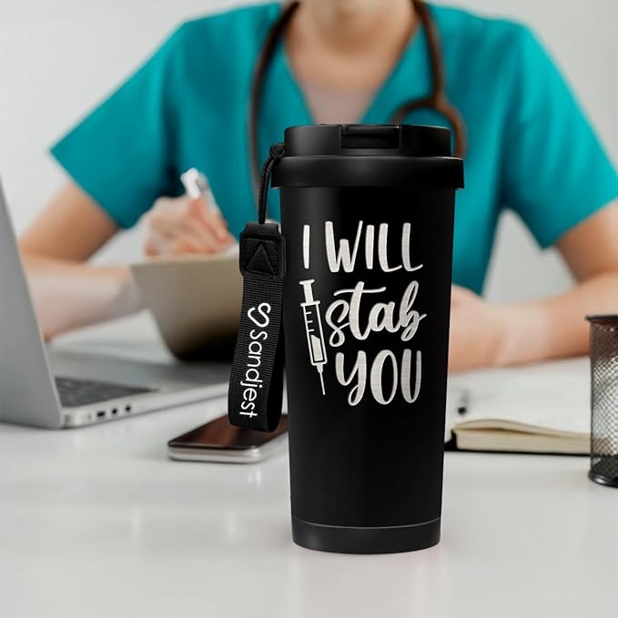 Nurse Tumbler I Will Stab You - Stainless Steel 2-in-1 Lid Engraved Coffee Tumbler 18 oz, Funny Insulated Travel Mug Gift for Women, Nurses Week Present, Nursing School, Birthday - Bloomnest