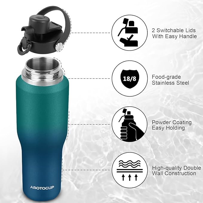 Insulated Water Bottle 40oz with Straw/Spout Lids, Stainless Steel Water Bottles Keep Cold 24h&Hot 12h, Metal Water Bottle with Straw that Fits in Cup Holder, Water Bottle Leak-proof,BPA Free - Bloomnest