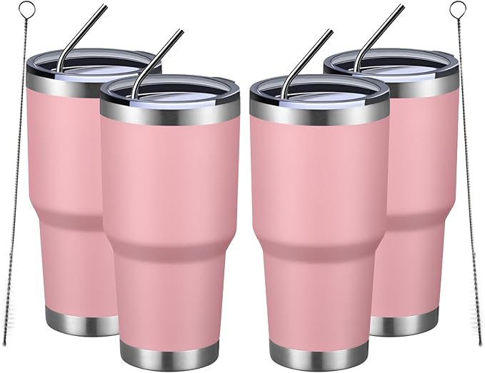 MEWAY 30oz Insulated Tumbler With Lids and Straws,Stainless Steel Double Vacuum Coffee Tumbler Cup, Brush, Durable Powder Coated Coffee Cup for Cold & Hot Drinks, Office, Travel(Pink,4 PACK) - Bloomnest