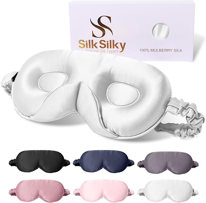 SilkSilky 100% 22 Momme Mulberry Silk Sleep Mask – Upgraded 3D Contoured Eye Mask with Nose Wing Pads & Adjustable Strap, Luxury Blackout Eye Cover for Women & Men (Light Gray) - Bloomnest