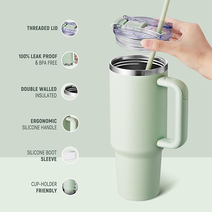 COKTIK 40 oz Tumbler With Handle and Straw Lid, Vacuum Insulated Travel Coffee Mug Stainless Steel Insulated Cup for Beverages, Leak-proof, Cupholder Friendly (Seafoam) - Bloomnest