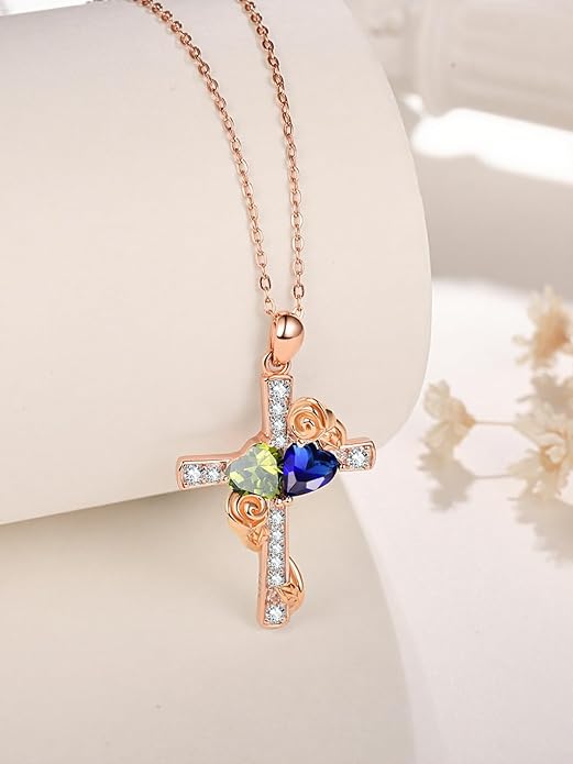 Rose Gold Dual Birthstones Cross Necklace for Women Rose Flower Jewelry Anniversary Christmas Mother's Valentine's Day Birthday Gift for Wife Girlfriend Mom - Bloomnest