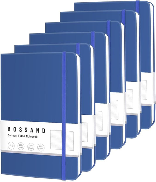 BOSSAND College Ruled Notebooks, 6 Pack A5 Lined Journal Notebooks, 200 Pages 100 GSM Thick Paper, Hardcover, 8.25 inches x 5.75 inches, Navy Blue - Bloomnest