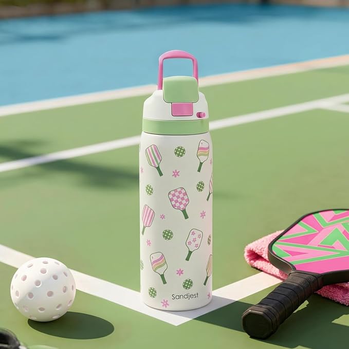Pickleball Stainless Steel Water Bottle, Vacuum Insulated, Push-Button Lid, 32 oz, Gifts for Women Girls Friends Teens Birthday Christmas SANDJEST
