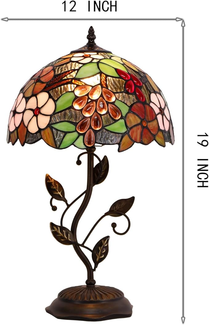 Tiffany Lamp Purple Grape Style Stained Glass Table Lamp Desk Bedside Reading Light 12X12X19 Inches with Metal Leaf Base Decor Bedroom Living Room - Bloomnest