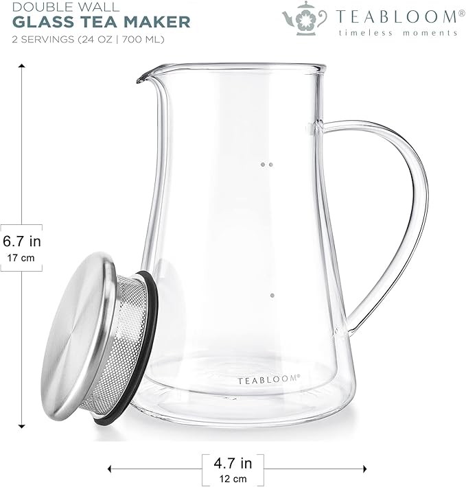Teabloom Insulated Teapot Keeps Tea Hot – Tea Maker For Two (24 oz) – Double Wall Heatproof Glass Tea Steeper with Stainless Steel Filter Lid for Loose Leaf Tea - Bloomnest