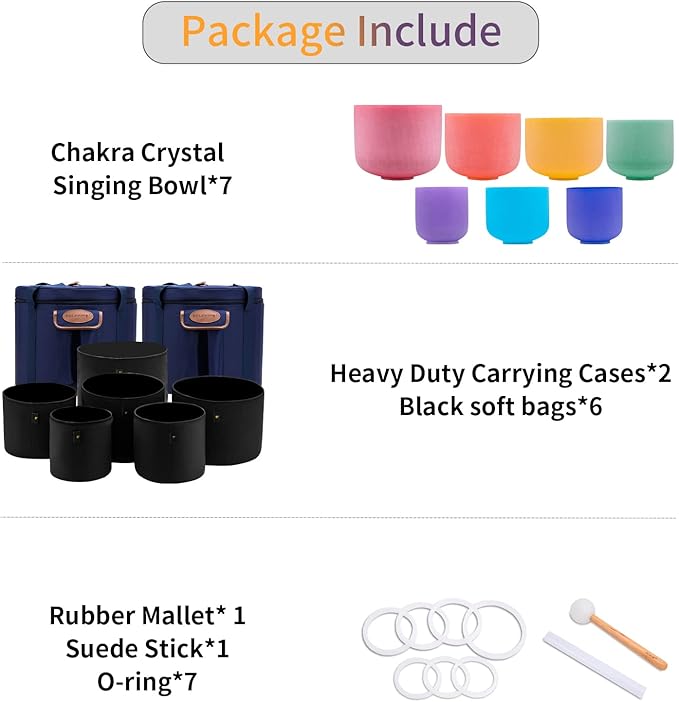 SOLSHINE Set of 7 Colored Crystal Singing Bowl 6''-12'' For Meditation Sound Healing with 2 Travel Carry Case Bag and Singing Bowl Resonance Striker - Bloomnest