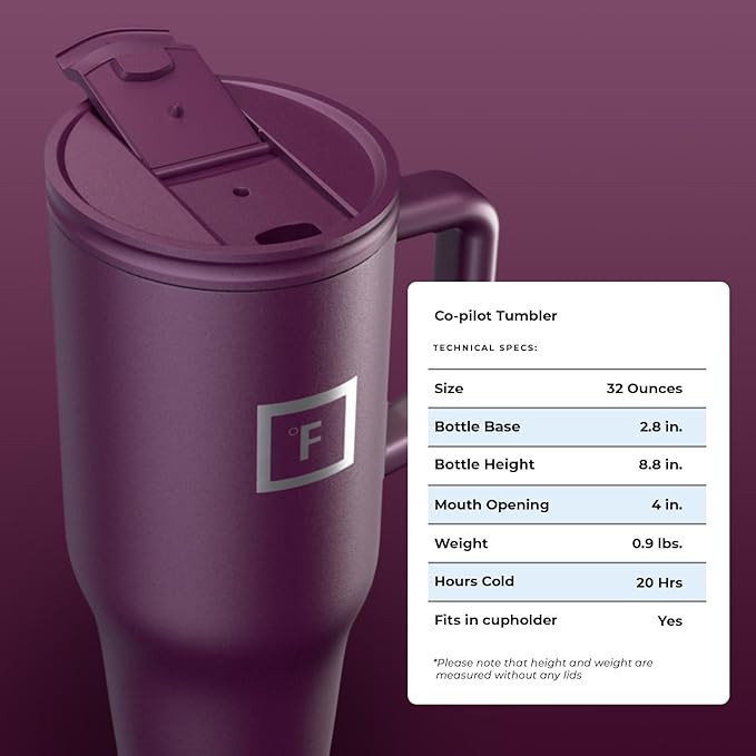 IRON °FLASK Co-Pilot Insulated Mug w/Straw & Flip Cap Lids - Cup Holder Bottle for Hot, Cold Drink - Leak-Proof - Water, Coffee Portable Travel Mug - Burgundy, 32 Oz - Bloomnest