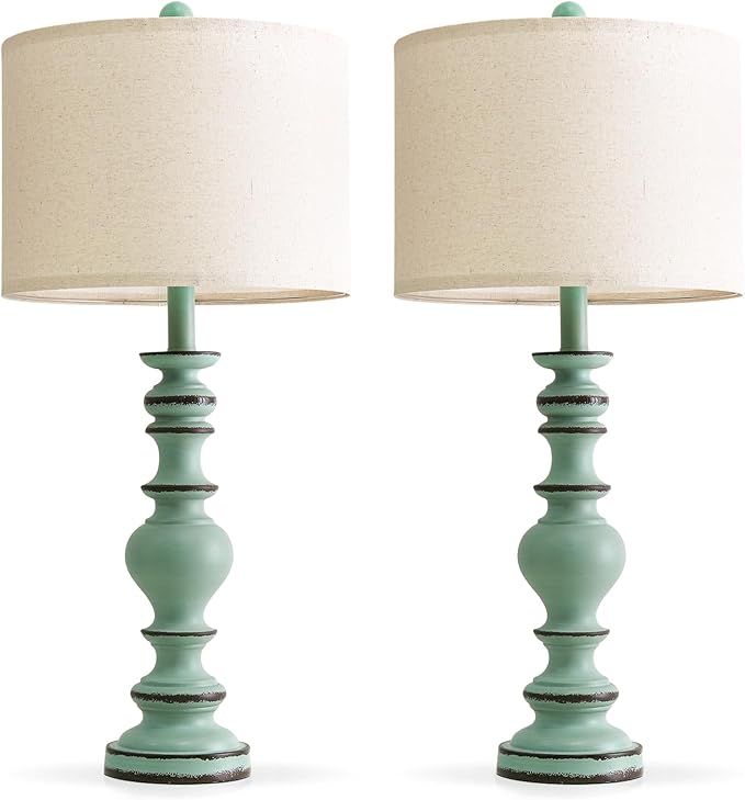 BOBOMOMO 27" Distressed Teal Table Lamps Set of 2, Large Coastal Farmhouse Resin Lamps with Linen Shades, Blue Green Lamps for Living Room, Bedroom, or Console Table Home Décor - Bloomnest