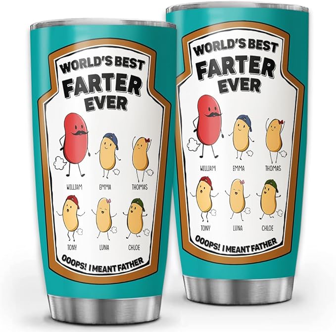 World’s Best Farter Ever Tumbler, 20oz or 30oz Personalized Insulated Stainless Steel Mug, Funny Gift for Dad from Kids, Custom Cartoon Beans with Names, Father’s Day Joke Travel Cup - Bloomnest