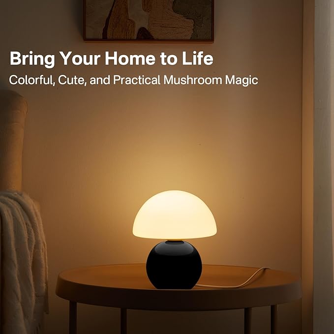 Mushroom Lamp Table Lamp for Bedroom,Desk Bedside Small Lamps for Living Room Night Stands,Mushroom Decor Cute Mini Modern Mid Century Lamps,Unique Aesthetic Home Living Room Decor(Black) - Bloomnest