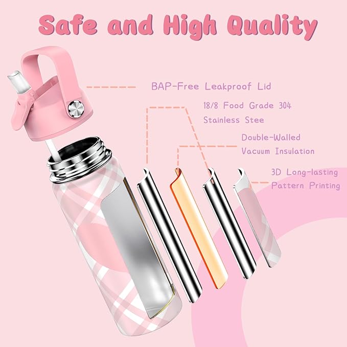 18oz Kids Insulated Water Bottle with Straw Lid - 18/8 Stainless Steel Kid Cup Travel Tumbler Double Wall Vacuum Leak Proof Portable Toddler Water Bottle (Plaid Pink+Green） - Bloomnest