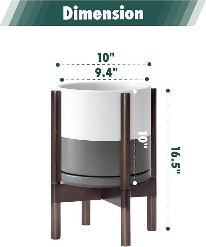D'vine Dev Ceramic Planter with Walnut Color Stand - 10 Inch Modern Round Flower Pot with Wood Planter Holder, White/Grey, 55-B-X-6 - Bloomnest