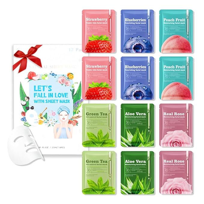 Face Sheet Mask Skincare,Hydrating Spa Face Mask For Sensitive Skin,Moisturize,Nourish for All Skin Types,Natural Skin Care Spa Face Mask for Women Men,Pack of 12 - Bloomnest