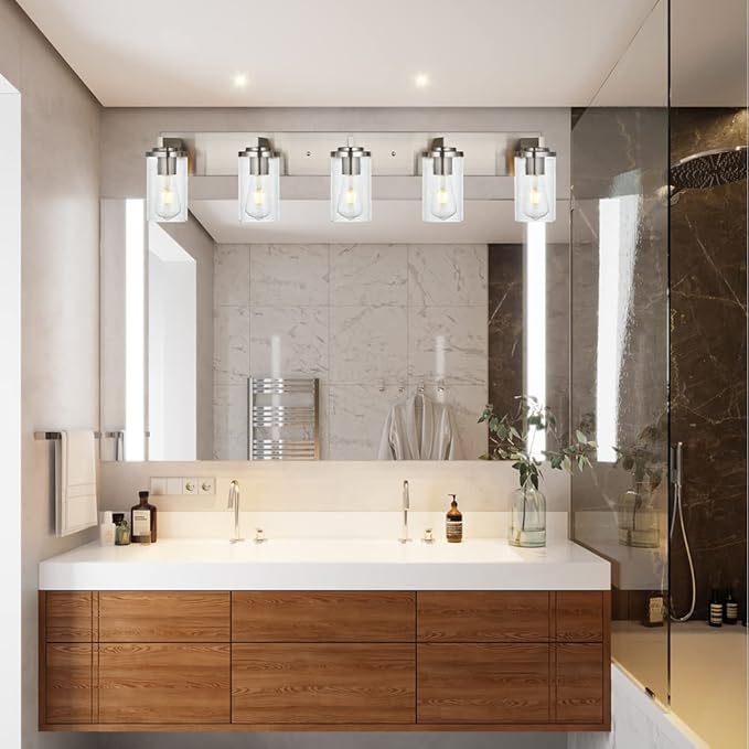 BONLICHT Brushed Nickel Bathroom Light Fixtures 5 Light Modern Vanity Lights Industrial Glass Wall Sconce Farmhouse Bath Lighting Over Mirror Wall Mount for Kitchen Living Room Hallway Workshop - Bloomnest