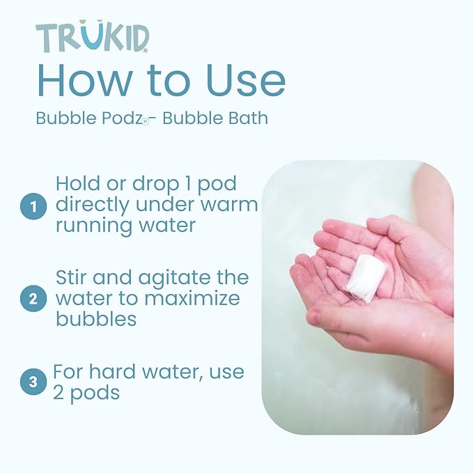 TruKid Bubble Podz Bubble Bath for Kids, Toddlers, & Babies, Tear Free Gentle & Refreshing Bath Bomb for Sensitive Skin with Natural Moisturizers, Non-Toxic, pH Balanced, Eucalyptus Scent (60 Podz) - Bloomnest