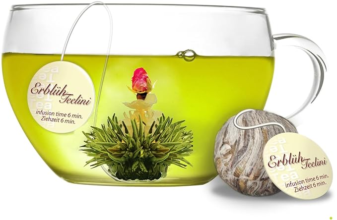 Creano Bloomning Tea Gift Set with Tea-Glass 7oz and 8 Tea-Flowers in Cup Size - Green Tea - Gift for Women, Mother, Tealovers - Bloomnest