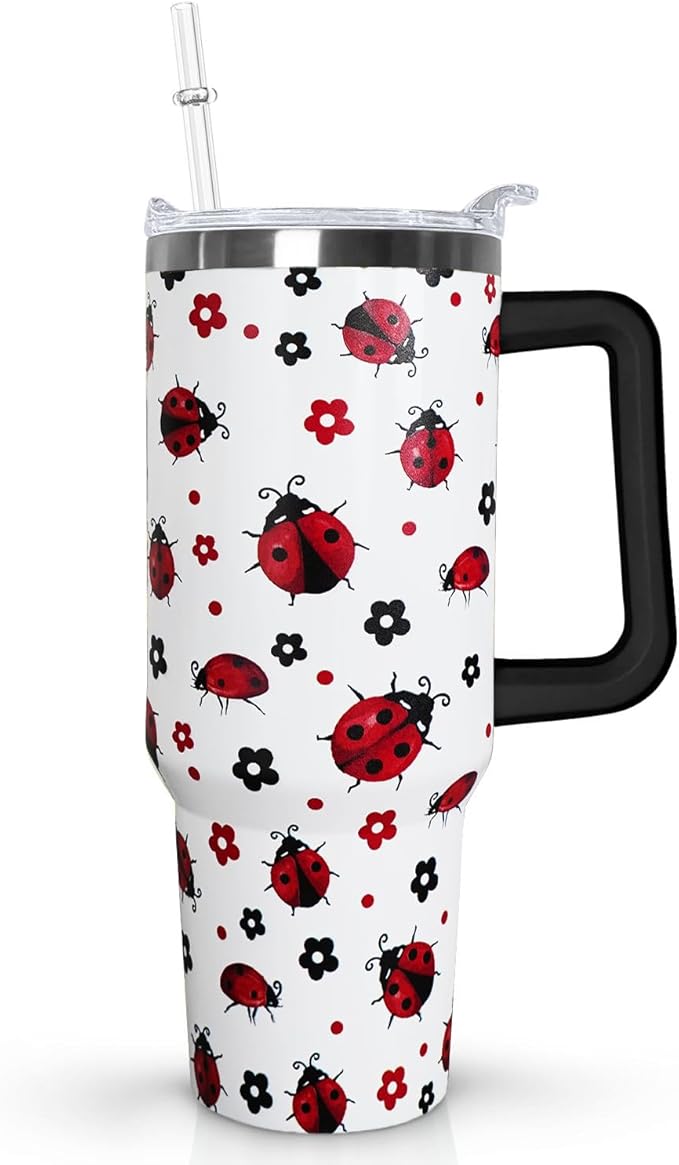 Ceovfoi 40 Oz Ladybug Tumbler With Handle - Coffee Travel Mug Cup Water Bottle, Strawberry Decor - Gifts for Women - Bloomnest