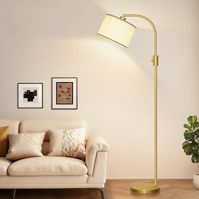 【Upgraded】 Dimmable Gold Floor Lamp, 1200 Lumens LED Bulb Included, Arc Floor Lamps for Living Room Modern Standing Lamp with Linen Shade, Tall Lamp for Living Room Bedroom Office Reading Room Nursery - Bloomnest