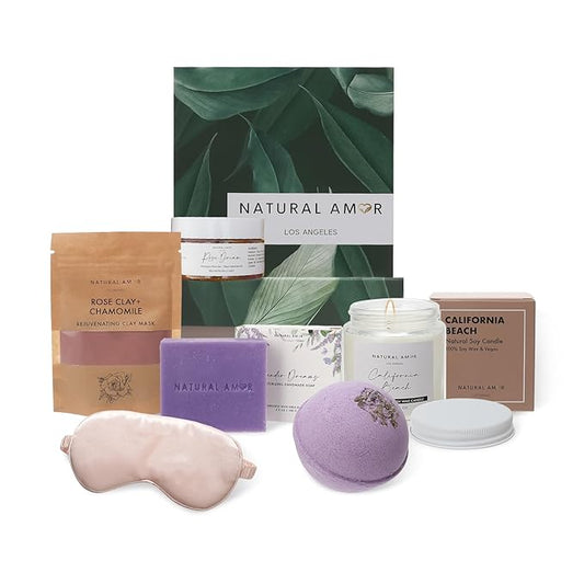 Natural Amor Handmade Bath Body Gift Set,6 pcs Self Care Gift for Women,Includes Soap Bar, Bath Bomb, Clay Mask, Candle- Thank you Gift for Pampering - Bloomnest