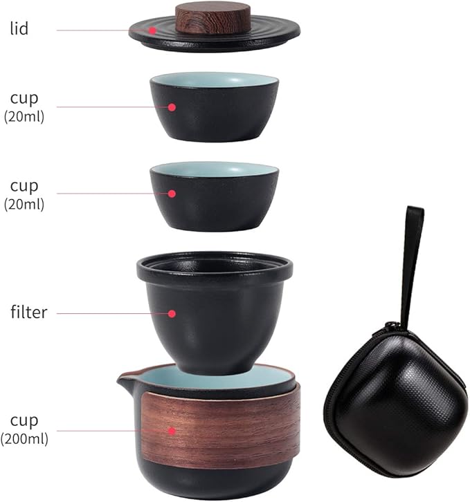 Mini Travel Ceramic Tea Pot Set Chinese Kung Fu Teapot, 1 Pot 2 Cups Porcelain Teacups with Tea Infuser Portable Bag for Outdoor Picnic (Black)