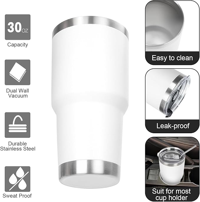 30 oz Tumbler with Lids and Straws Double Wall Insulated Tumbler Cup,Stainless Steel Leak-proof Thermal Coffee Tumbler Powder Coated Travel Mug for Cold and Hot Beverages,White - Bloomnest