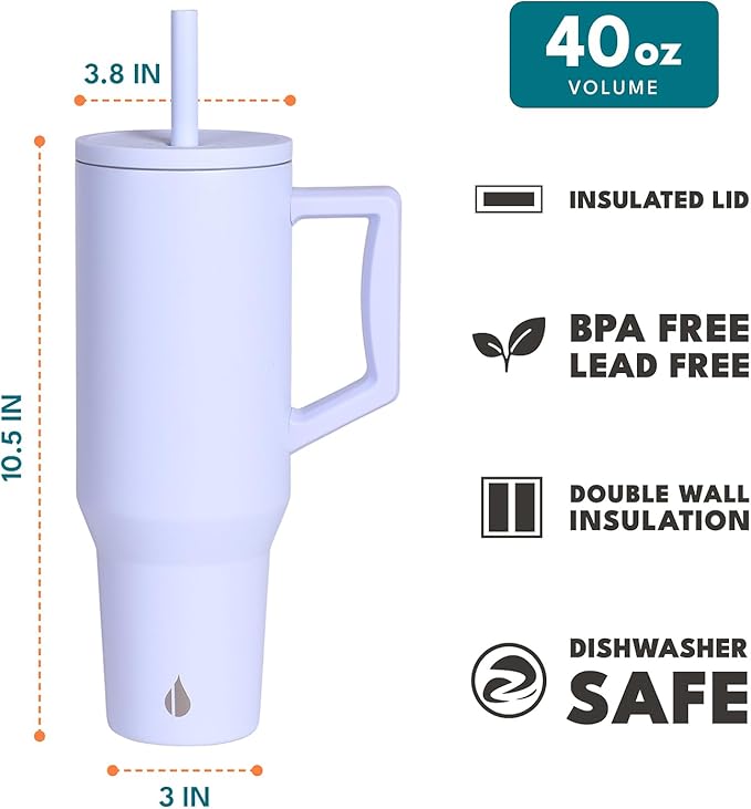 Elemental 40 oz Tumbler with Handle and Straw - Spill Proof Insulated Stainless Steel Commuter for Hot and Cold Beverages - Travel Coffee Mug with 2 Straws & Spill Proof Lid - 40oz - Ice Blue - Bloomnest