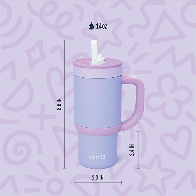 Ello Oasis 14oz Stainless Steel Toddler Tumbler with Handle & Retracting Straw, 100% Leakproof, Double-Wall Vacuum Insulated, Kids Water Bottle for School, BPA Free, Dishwasher Safe, Lavender Fields - Bloomnest